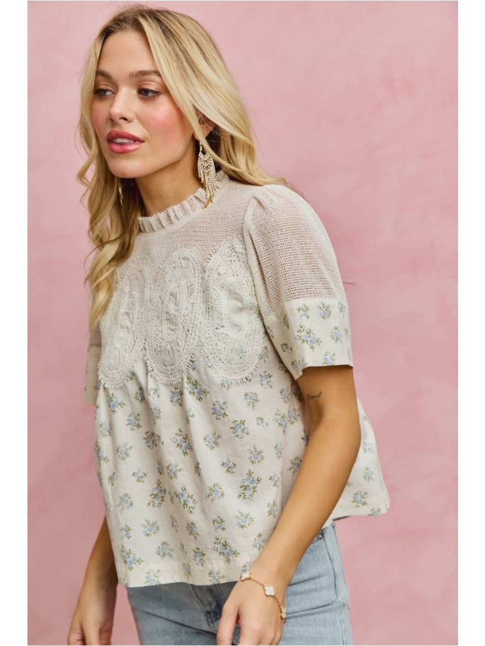 So Me BLUE FLORAL PRINT LACE TRIM COTTON BLOUSE TOP - Picture 3 of 10